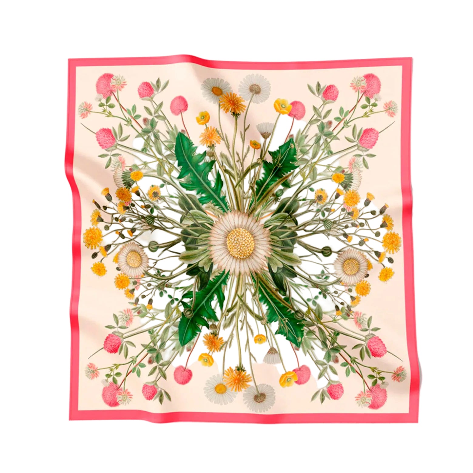 Beige og pink silketørklæde med blomsterillustration fra Flora Danica. 90 x 90 cm