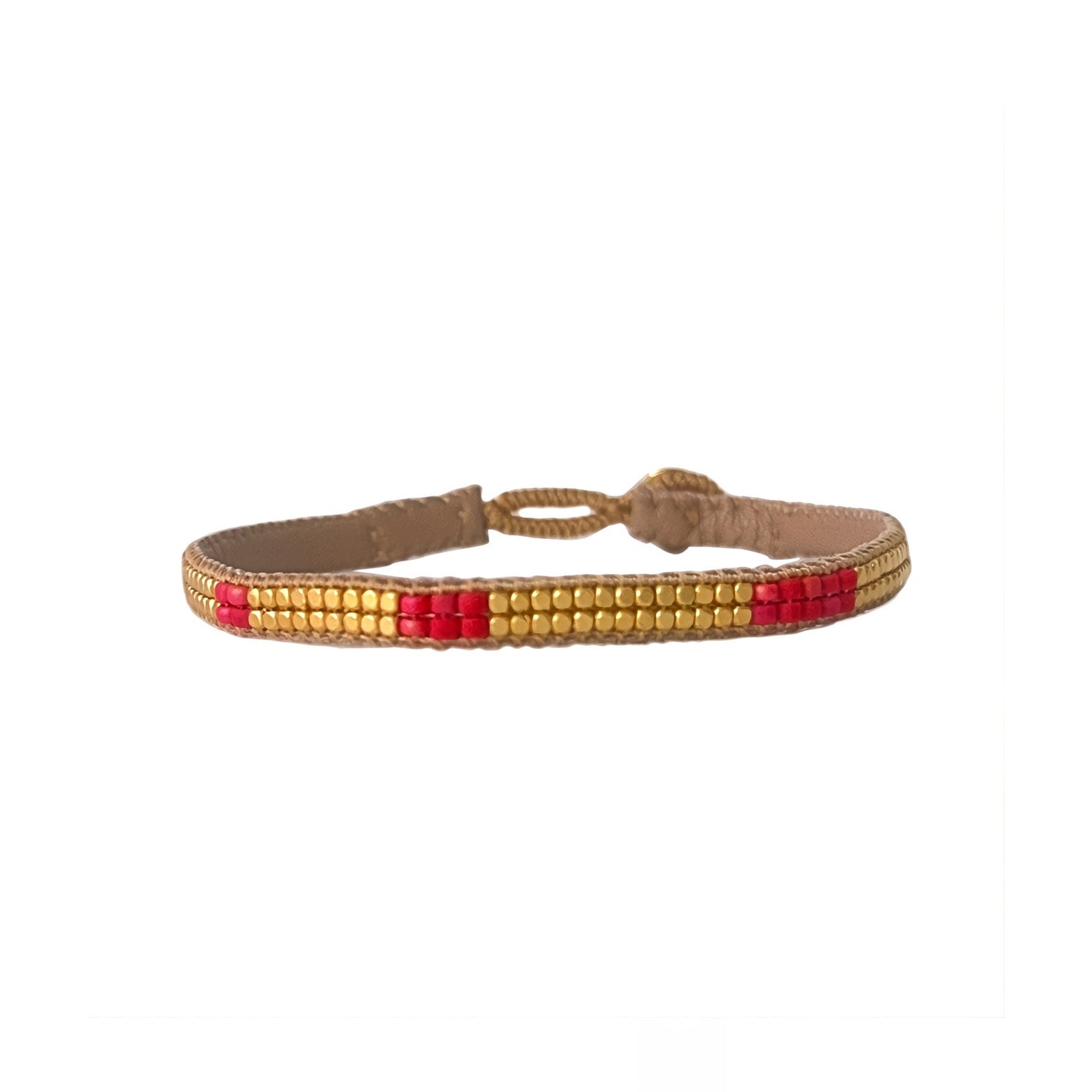 Håndlavet pink og guldfarvet læderarmbånd fra IBU Jewels. Justerbar størrelse.