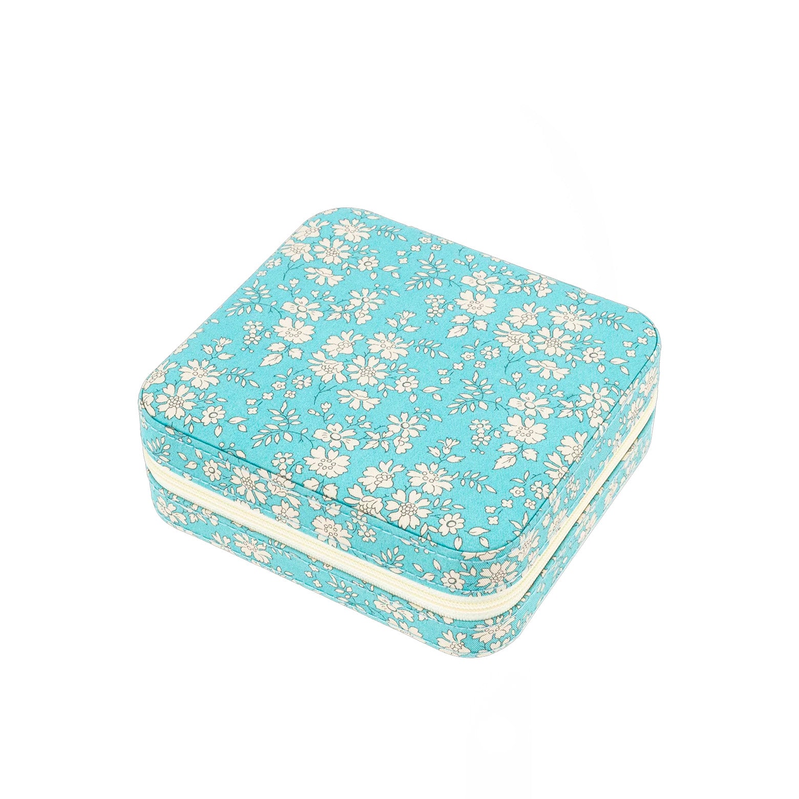 Blåt smykkeskrin i 100% Liberty Tana Lawn-bomuld med blomsterillustrationer fra Bon dep.