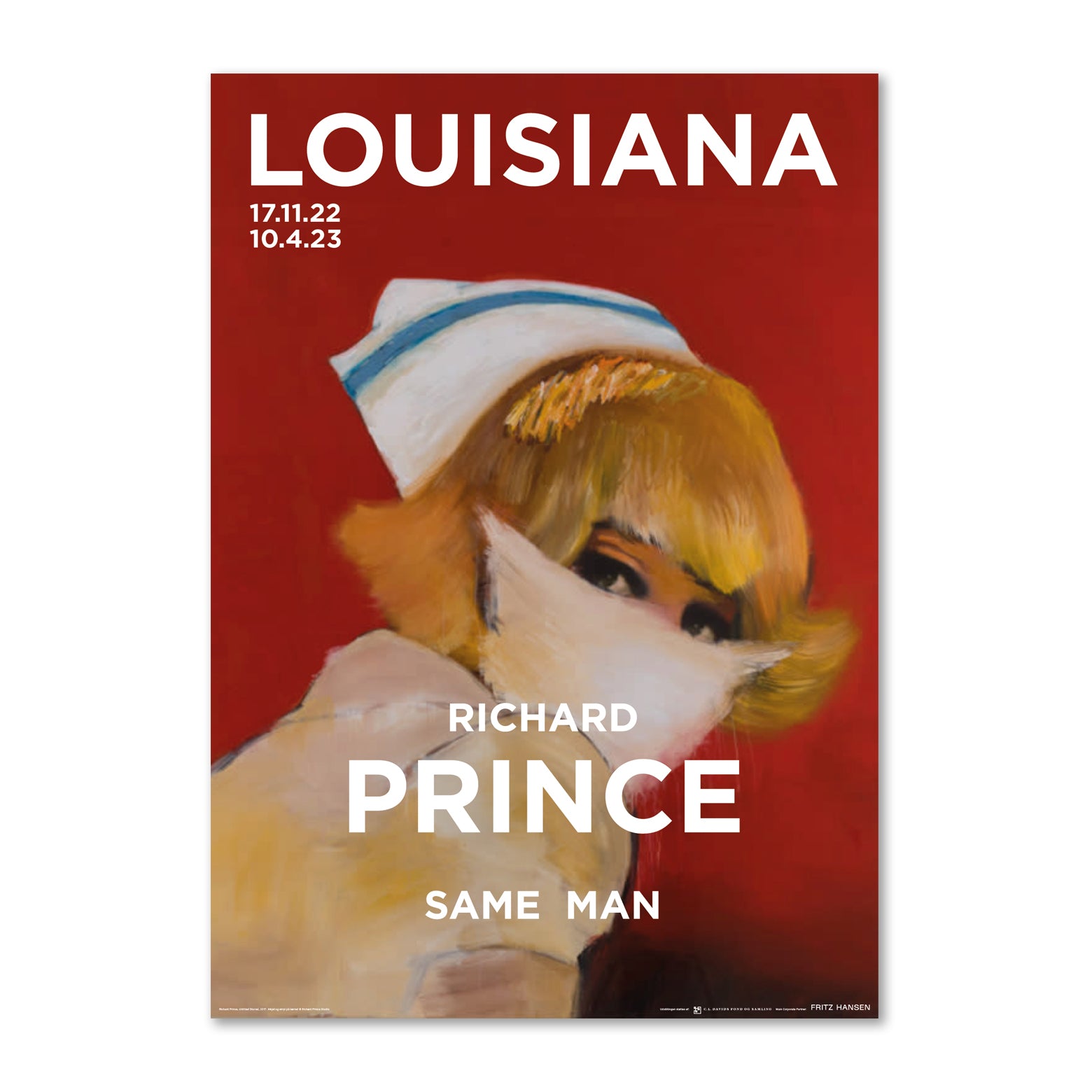 Kunstplakat med Richard Princes vidrefortolkning af sygeplejerske fra bogside i røde og hvide farver. Louisiana Museum of Modern Art.