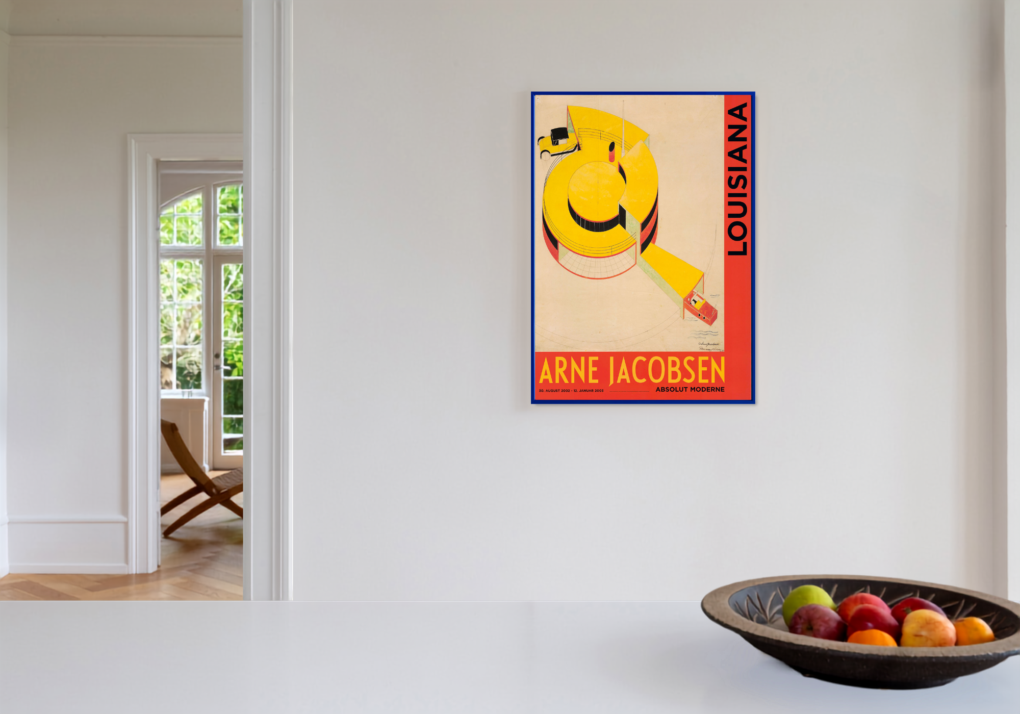 A1 ramme i egetræ i blå farve hængene i et hjem med en Louisiana plakat