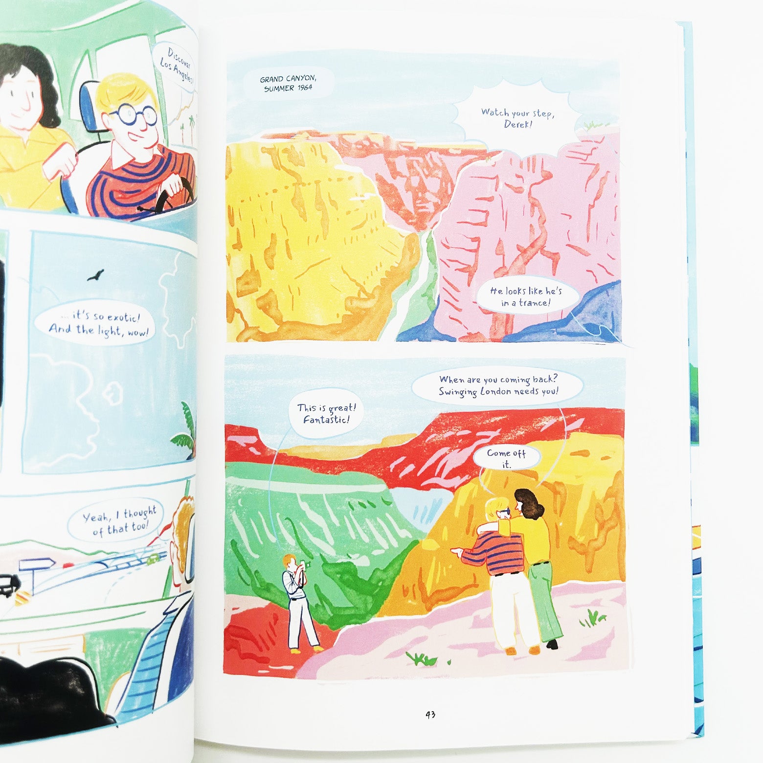 Opslået side i David Hockney - A Graphic Novel - En grafisk roman der fortæller historien om David Hockney. Udgivet af Prestel