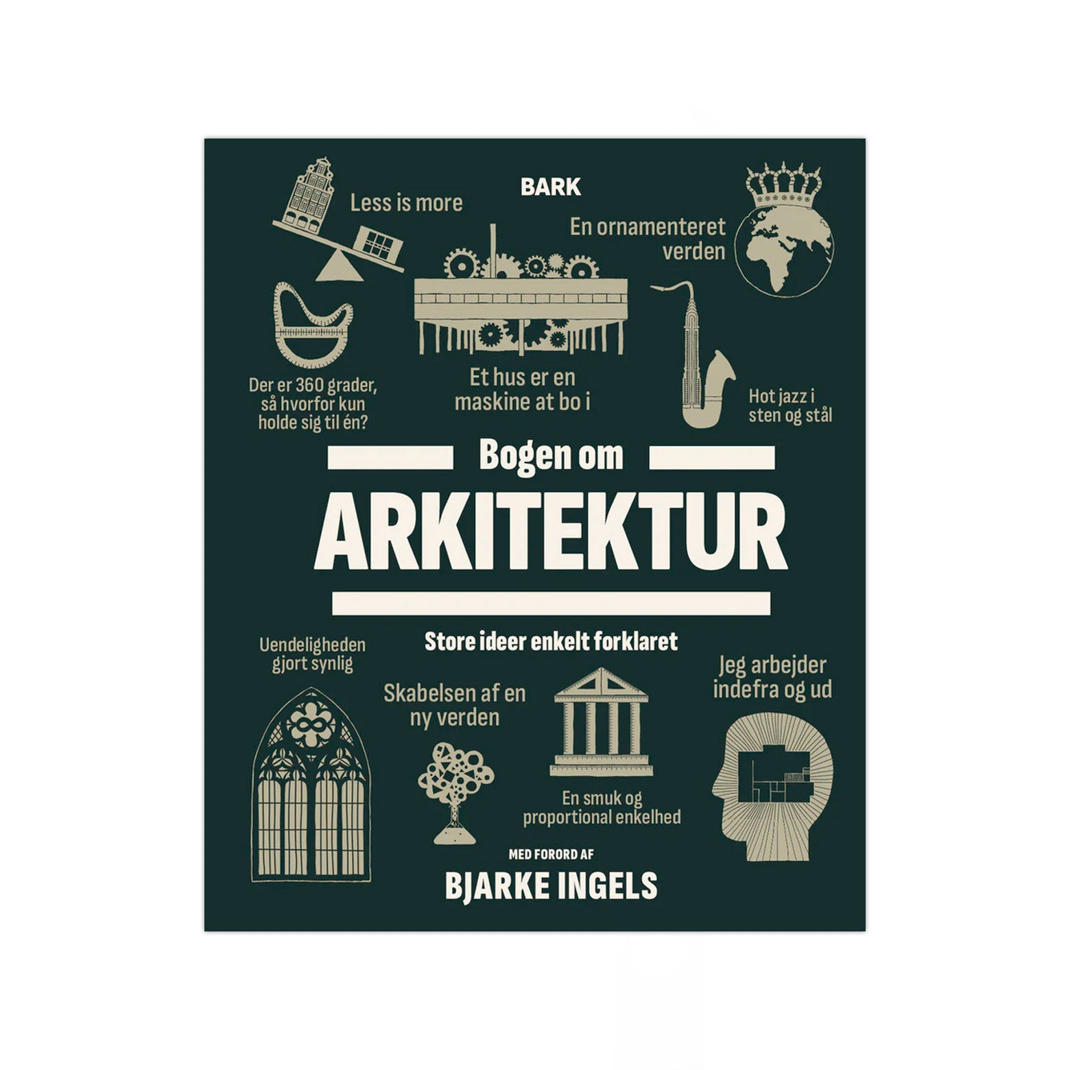 Forside af Bogen om Arkitektur -  en lettilgængelig og visuelt flot introduktion til arkitekturens historie og betydning.  Udgivet af Forlaget Bark 