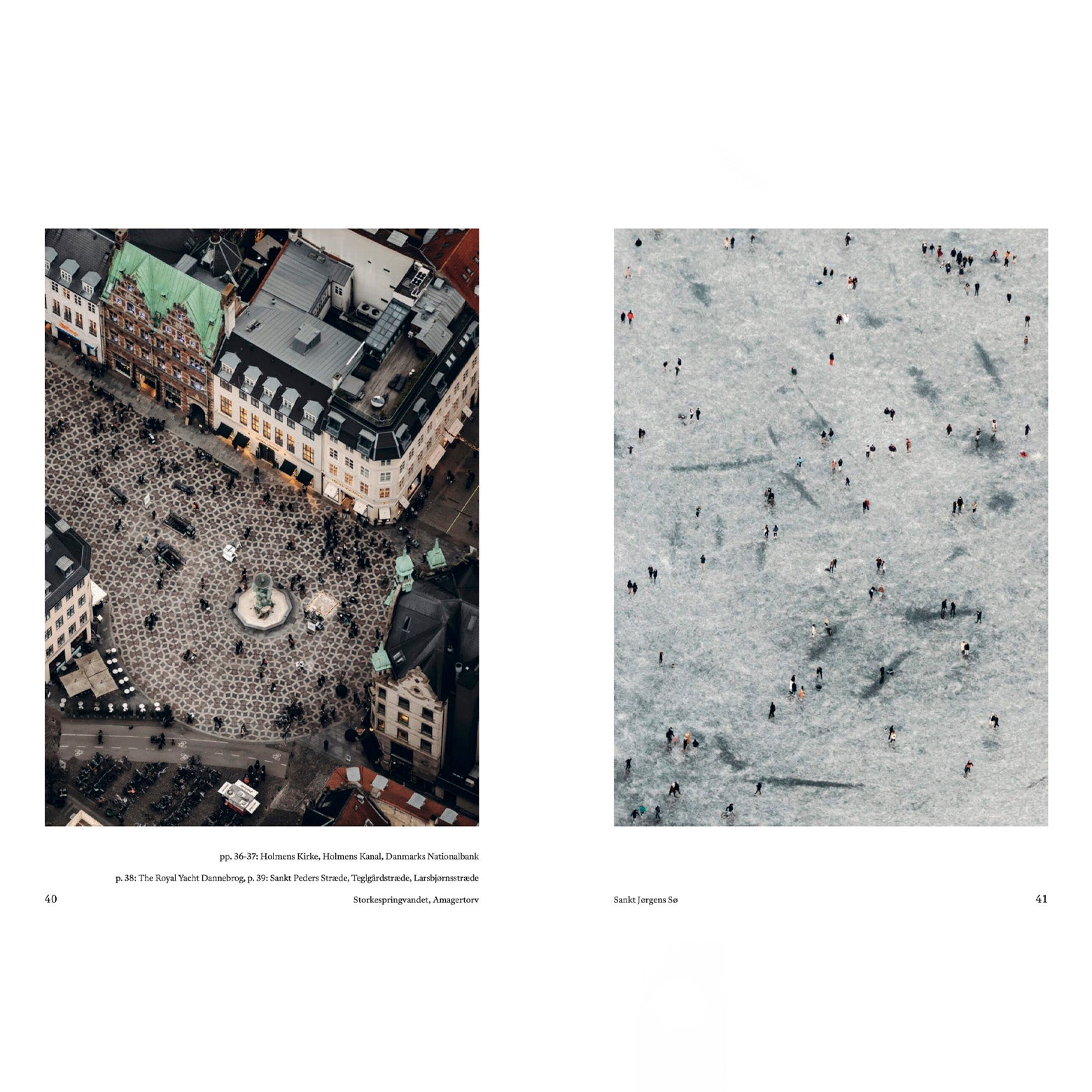 Opslået side af Copenhagen from my plabe - en fotobog med Nicolas Cosedis nøje udvalgte luftfotografier. Udgivet af Strandberg Publishing 