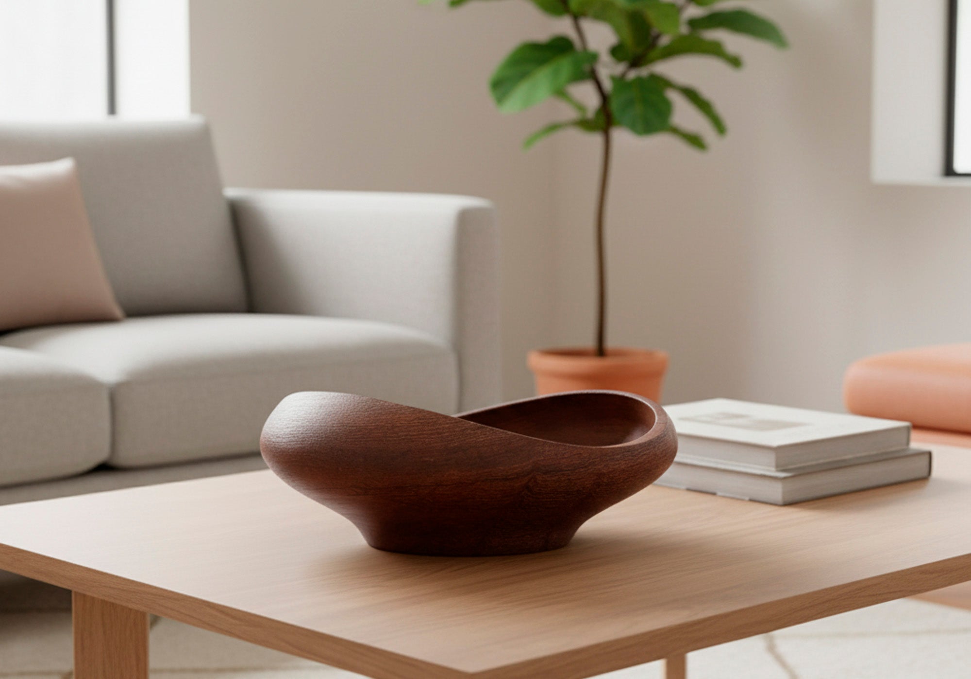 Teaktræskål FJ Bowl designet af Finn Juhl fra Architectmade stylet på sofabord.