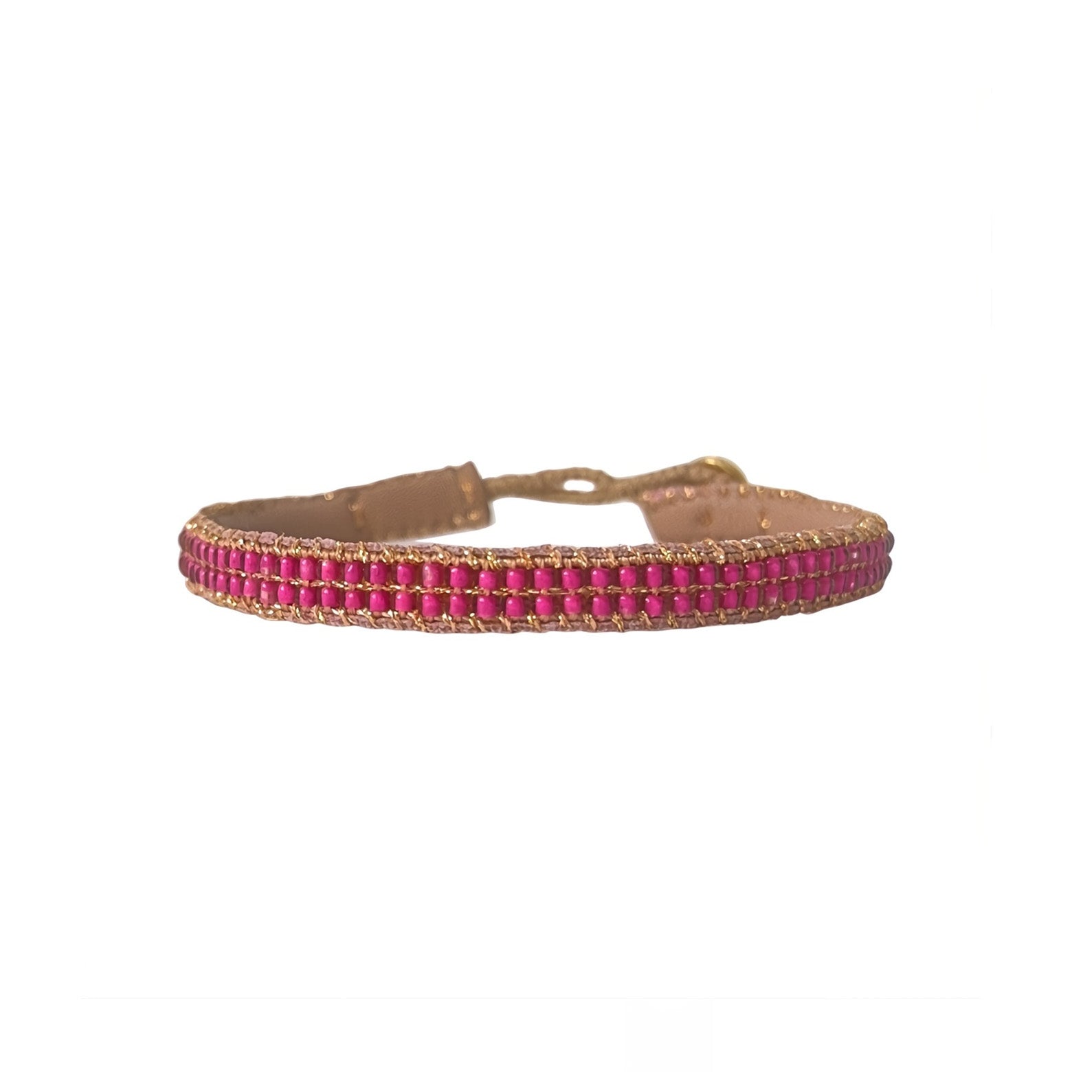 Håndlavet pink og guldfarvet læderarmbånd fra  IBU Jewels. Justerbar størrelse.