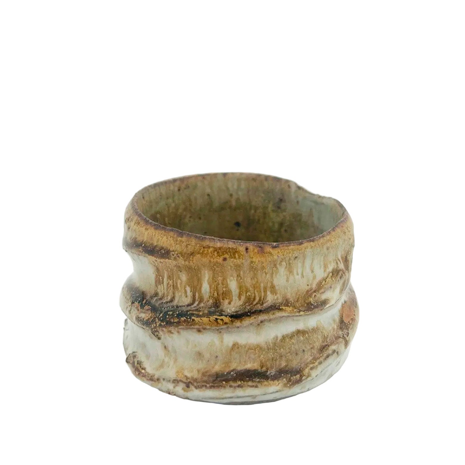 Håndlavet keramikkop i brun og gul glasur. Leirlist. Louisiana Museum of Modern Art.