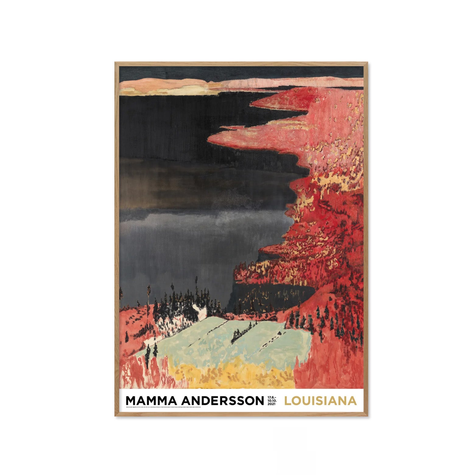 Kunstplakat i refleksfri indramning med Mamma Andersson farverige værk af det nordiske landskab. Louisiana Museum of Modern Art