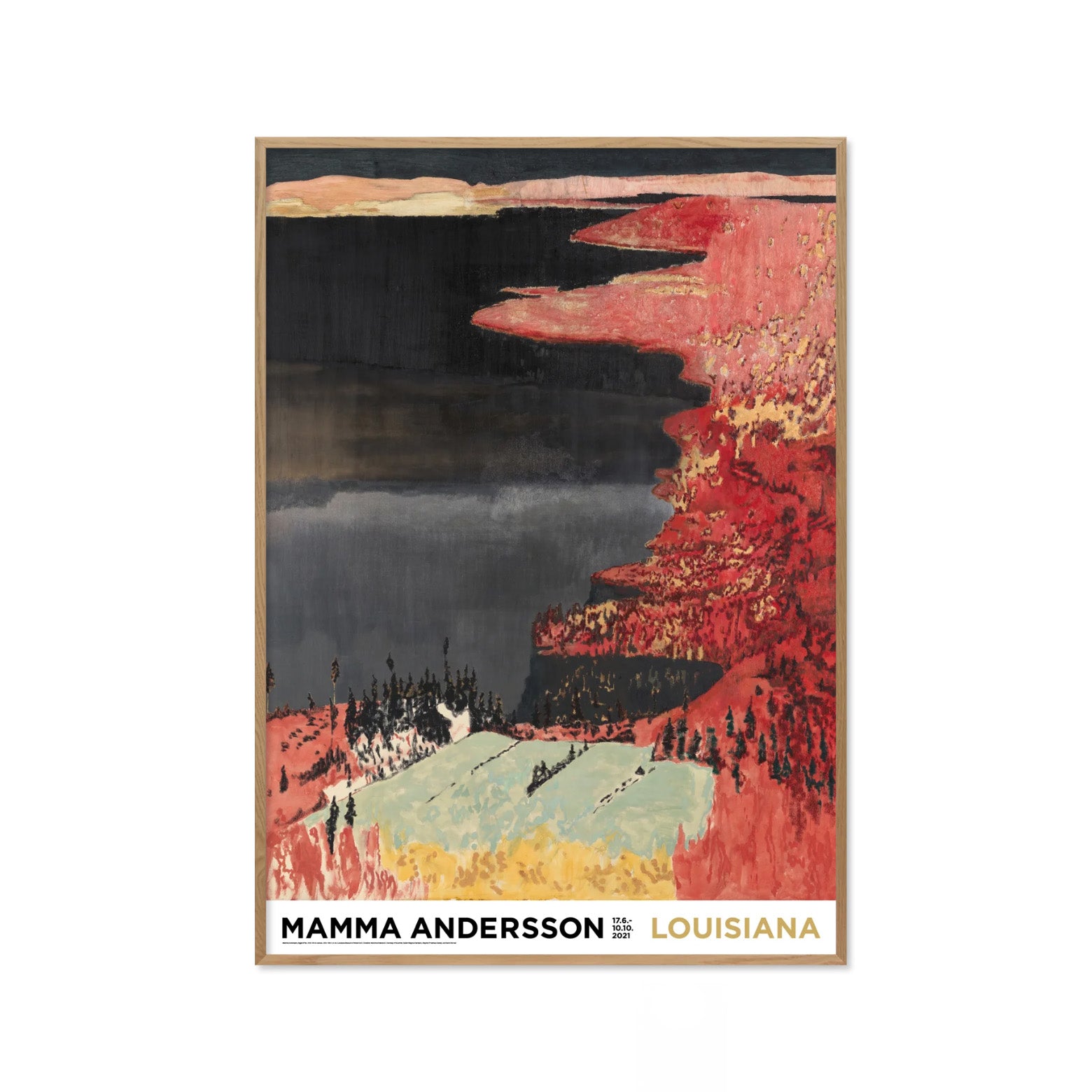 Kunstplakat i refleksfri indramning med Mamma Andersson farverige værk af det nordiske landskab. Louisiana Museum of Modern Art