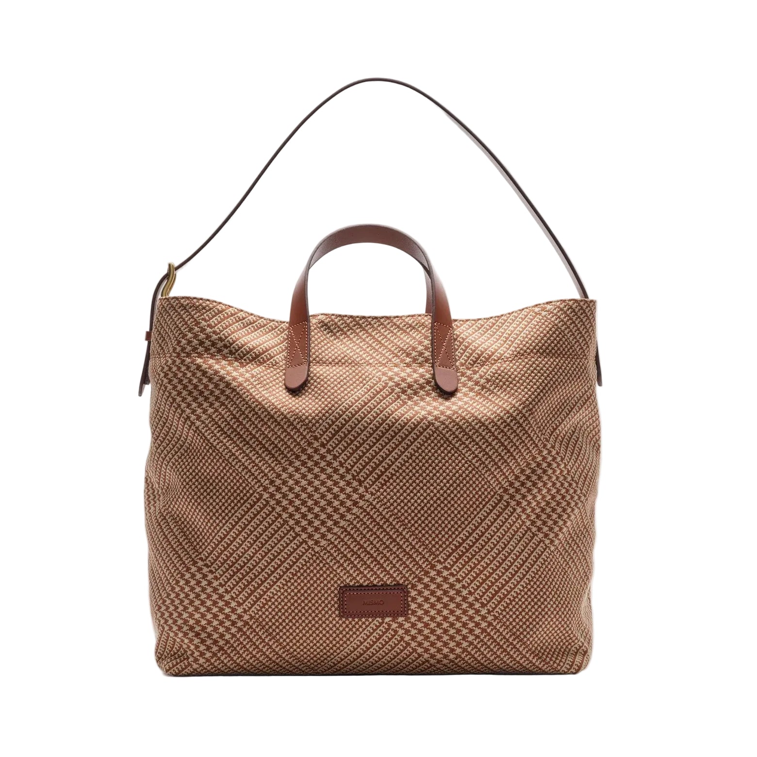 Beige shopper i jacquardvævning med læderstropper fra Mismo. 38x24 cm.