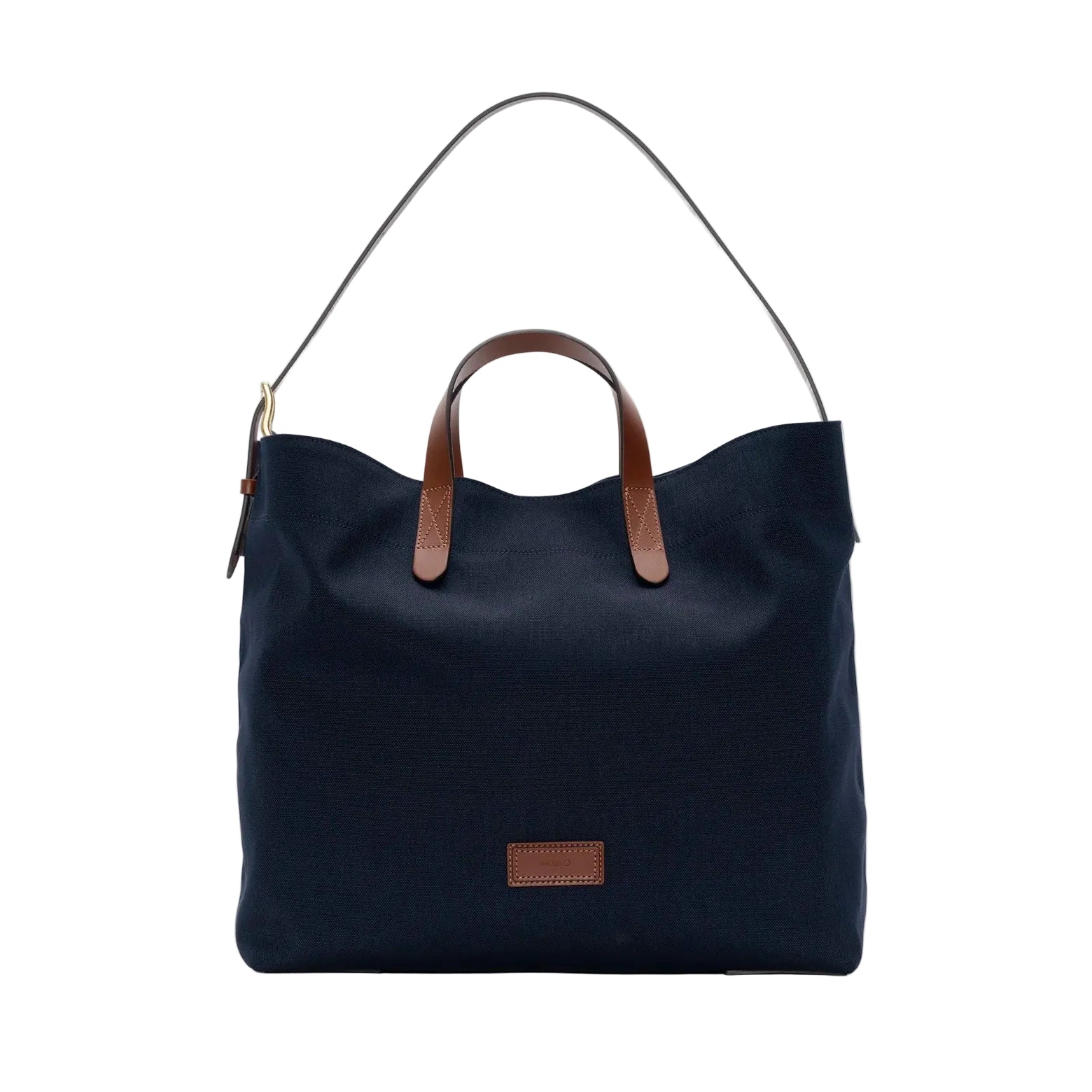 Blå canvas shopper med læderstropper fra Mismo. 38x24 cm.
