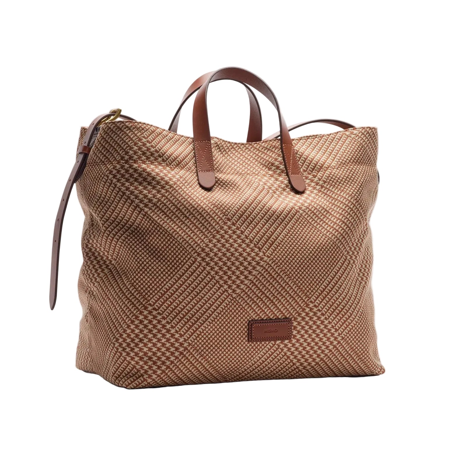 Beige shopper i jacquardvævning med læderstropper fra Mismo. 38x24 cm.