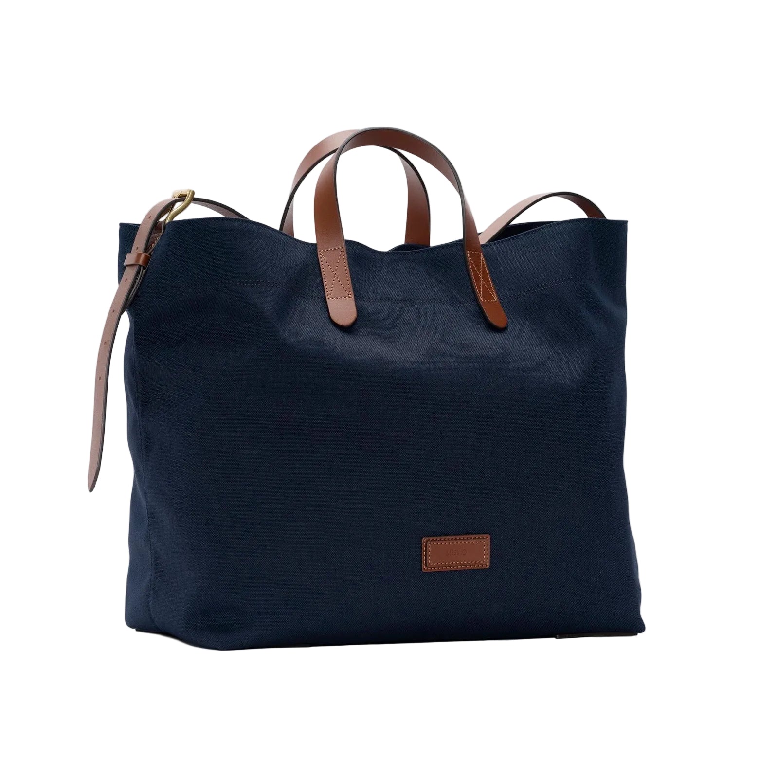 Blå canvas shopper med læderstropper fra Mismo. 38x24 cm.