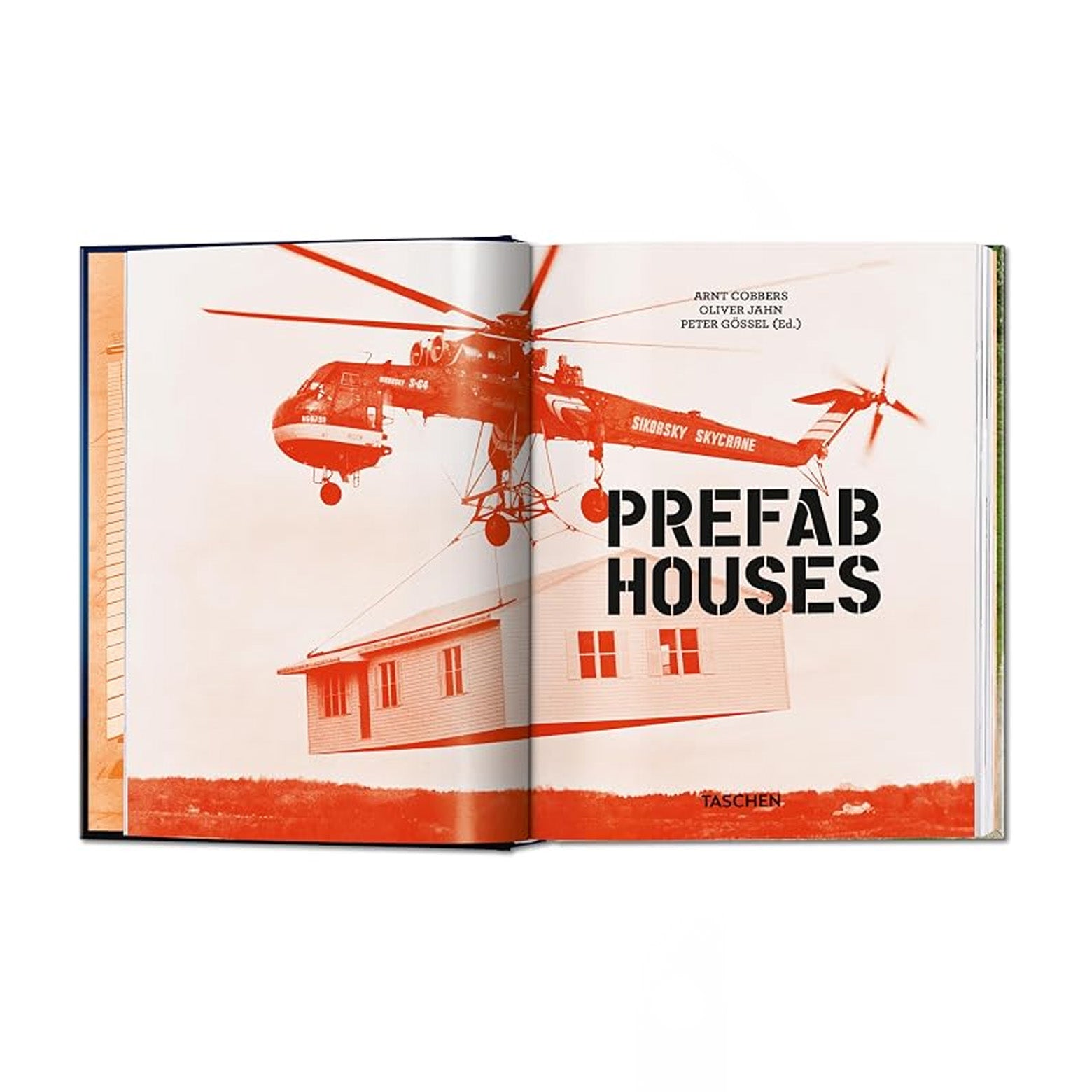 Opslået side i Prefab Houses - arkitekturbog om præfabrikerede huse fra USA til Europa, Asien og Afrika. Udgivet af Taschen