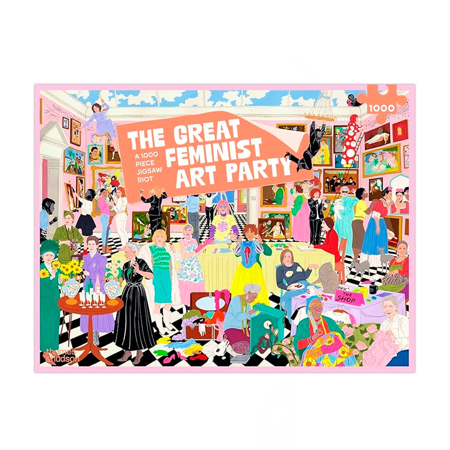 Forside af 1000-brikkers puslespil - en hyldest til feministisk kunst gennem en vild, festlig og detaljerig scene. Udgivet af Thames & Hudson.