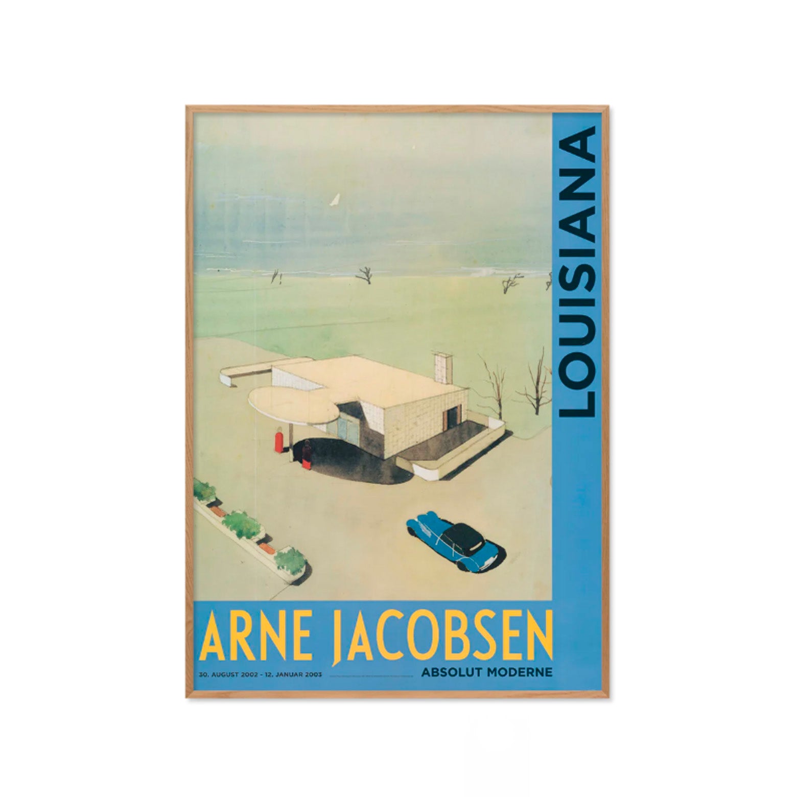 Kunstplakat i refleksfri indramning med med Arne Jacobsens tegning af Skovshoved Tankstation. Louisiana Museum of Modern Art