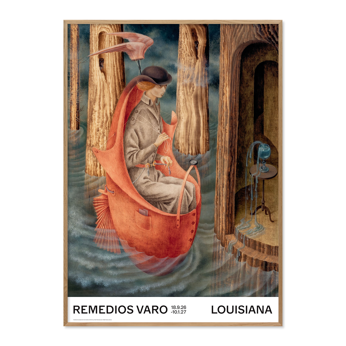 Kunstplakat med Remedios Varos værk Exploración de las fuentes del río Orinoco 1959. Louisiana Museum of Modern Art, 2026. Med refleksfri indramning uden glans