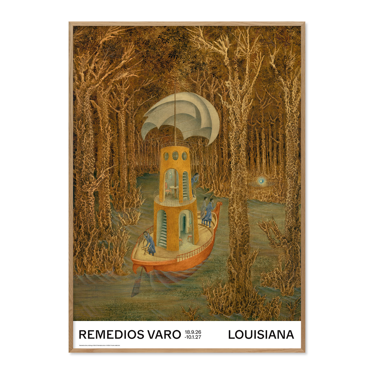 Refleksfri indramning plakat med værket Hallazgo (Opdagelse), 1956, af Remedios Varo, udgivet i forbindelse med udstillingen på Louisiana Museum of Modern Art, 2026