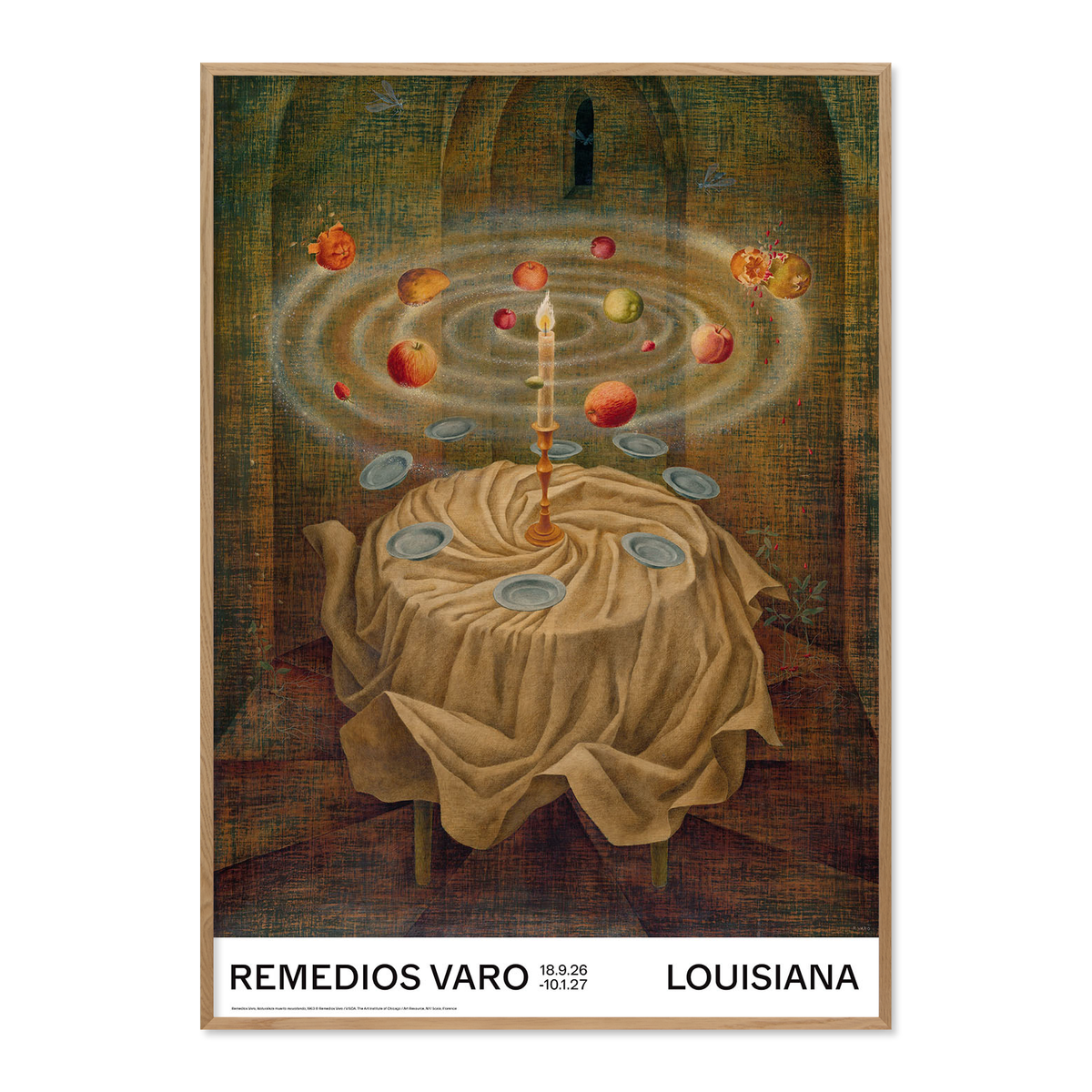 plakat med værket Naturaleza muerta resucitando (Stilleben kommer til live igen), 1963, af Remedios Varo, udgivet i forbindelse med udtilling på Louisiana Museum of Modern Art. Med refleksfri indramning
