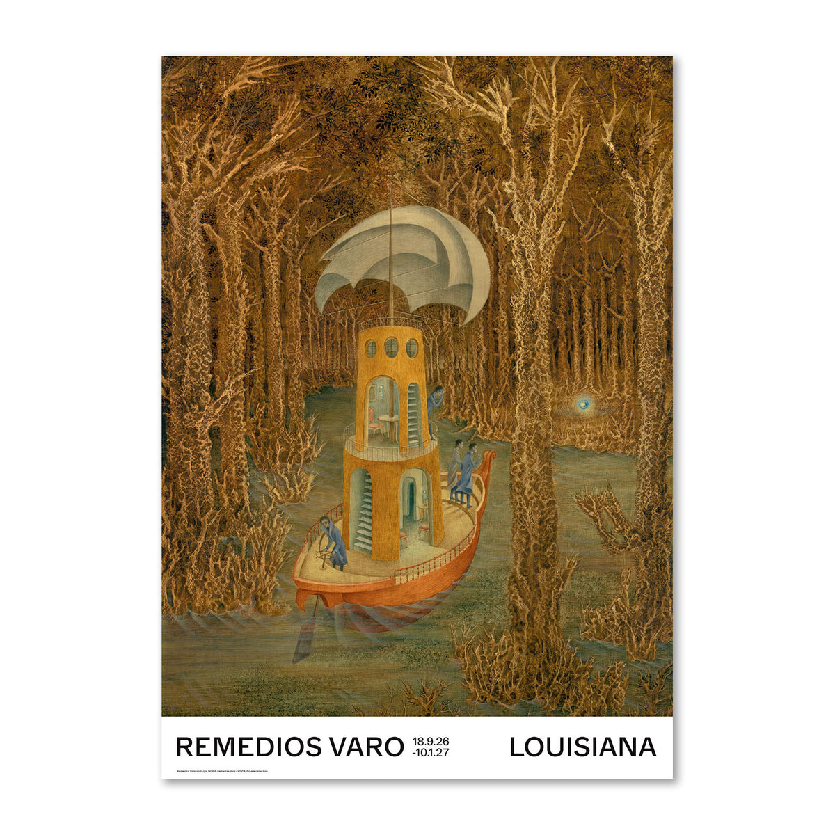 Udstillingsplakat med værket Hallazgo (Opdagelse), 1956, af Remedios Varo, udgivet i forbindelse med udstillingen på Louisiana Museum of Modern Art, 2026