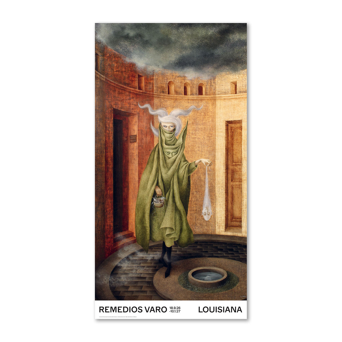 Kunstplakat med værket Mujer saliendo del psicoanalista (Kvinde på vej ud af psykoanalytikerens kontor), 1960, af Remedios Varo, udgivet i forbindelse med udstilling på Louisiana Museum of Modern Art, 2026
