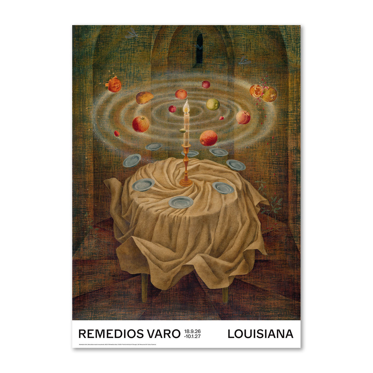 plakat med værket Naturaleza muerta resucitando (Stilleben kommer til live igen), 1963, af Remedios Varo, udgivet i forbindelse med udtilling på Louisiana Museum of Modern Art.