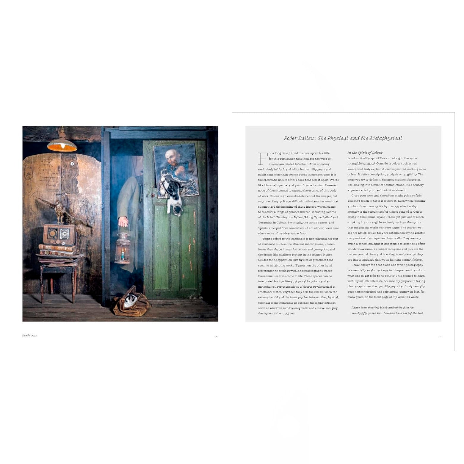 Opslået side i Roger Ballen: Spirit and Spaces - fotobog der udforsker et klaustrofobisk og iscenesat miljø, hvor dyr, tegninger og fragmenterede menneskefigurer. Udgivet af Thames & Hudson. 