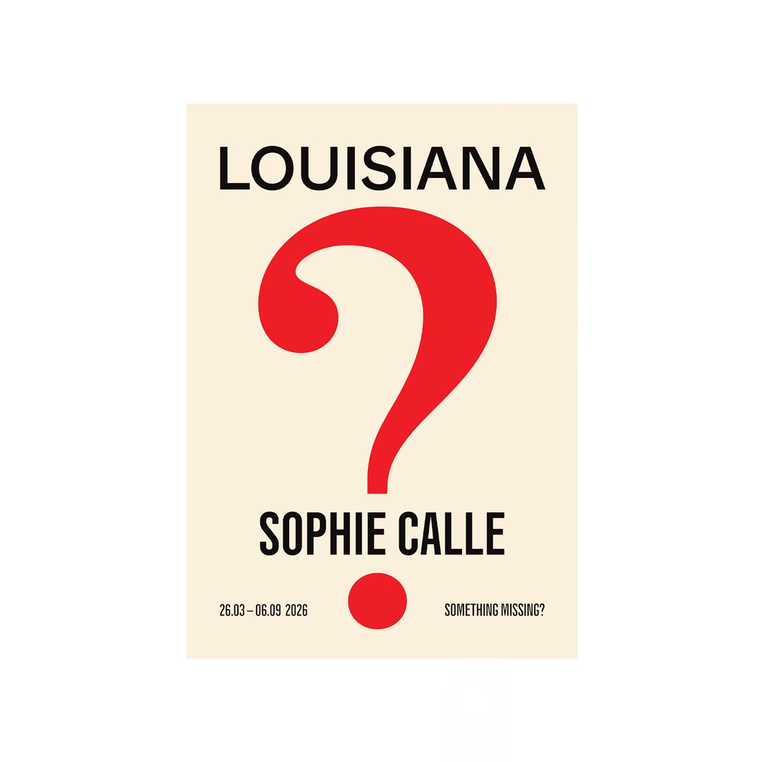 Louisiana Postkort i beige og rød udgivet i forbindelse med udstillingen Something Missing? med den franske kunstner Sophie Calle i marts 2026. Louisiana Museum of Modern Art. 