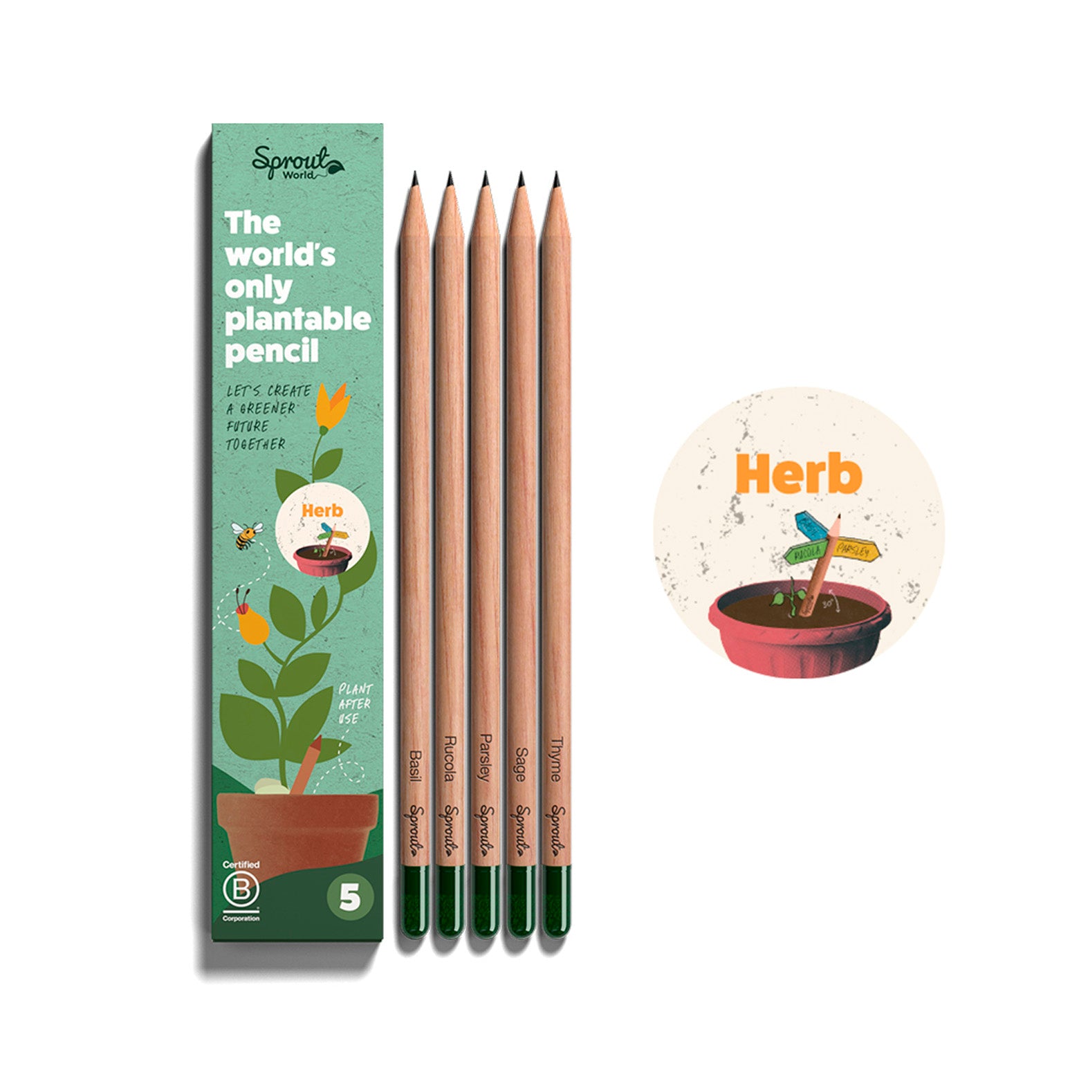 Plantbar blyant fra Sprout World. Herb. Sæt af fem. 