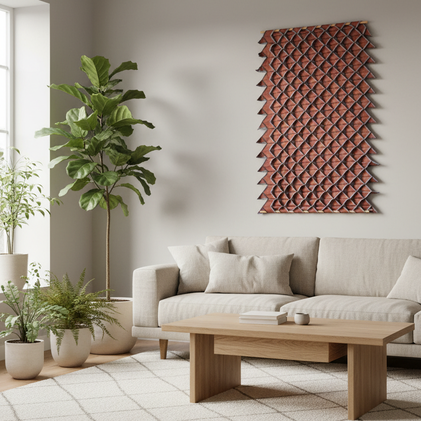 Sheworks håndlavet flettet vægtæppe i brun stylet i stue. Japandi look