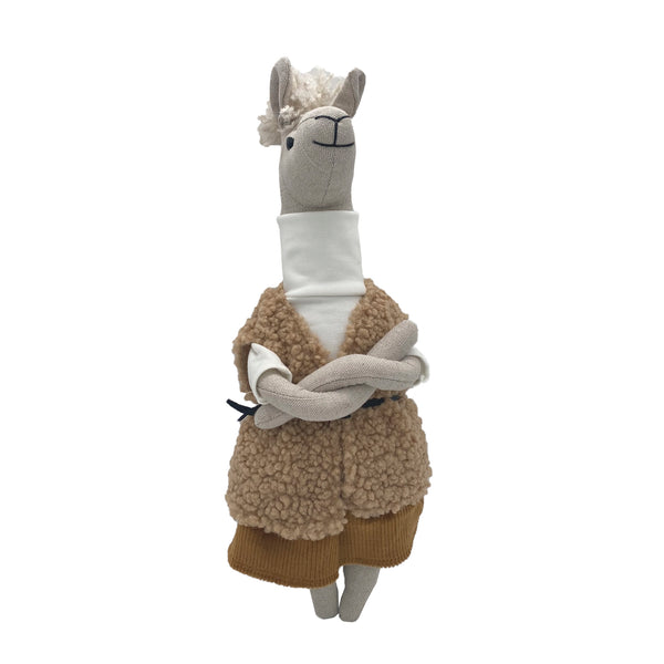 Llama with fur vest and skirt
